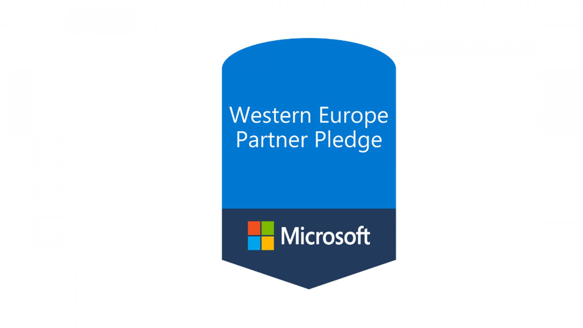 Blue Badge met geschreven tekst 'Western Europe Partner Pledge' en Microsoft logo