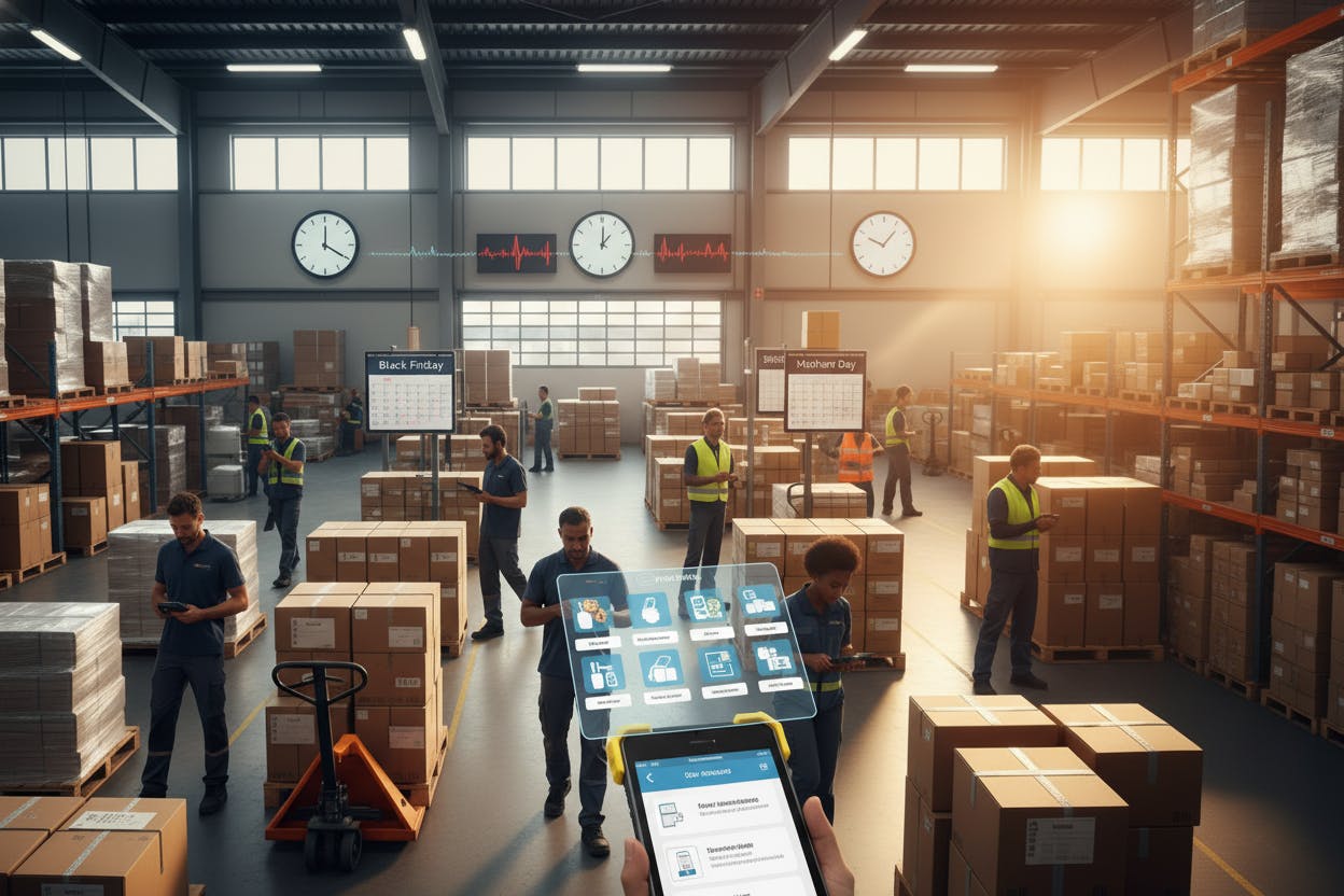 Een drukke magazijnvloer met medewerkers die pakketten sorteren. Op de voorgrond houdt iemand een smartphone vast met een planningsapp. 