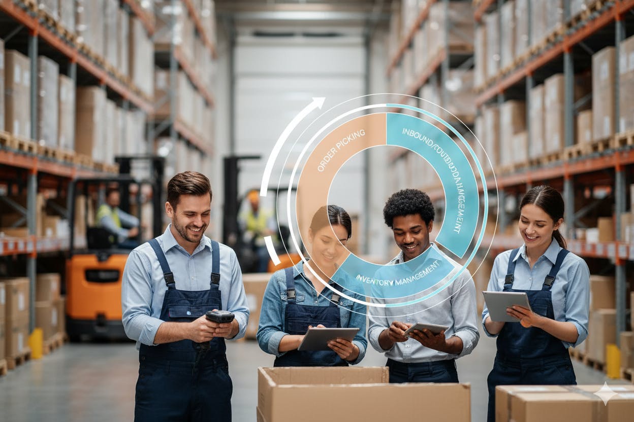 Logistiek team in magazijn met holografische cirkelgrafiek die multi-inzetbaarheid en taakroulatie toont