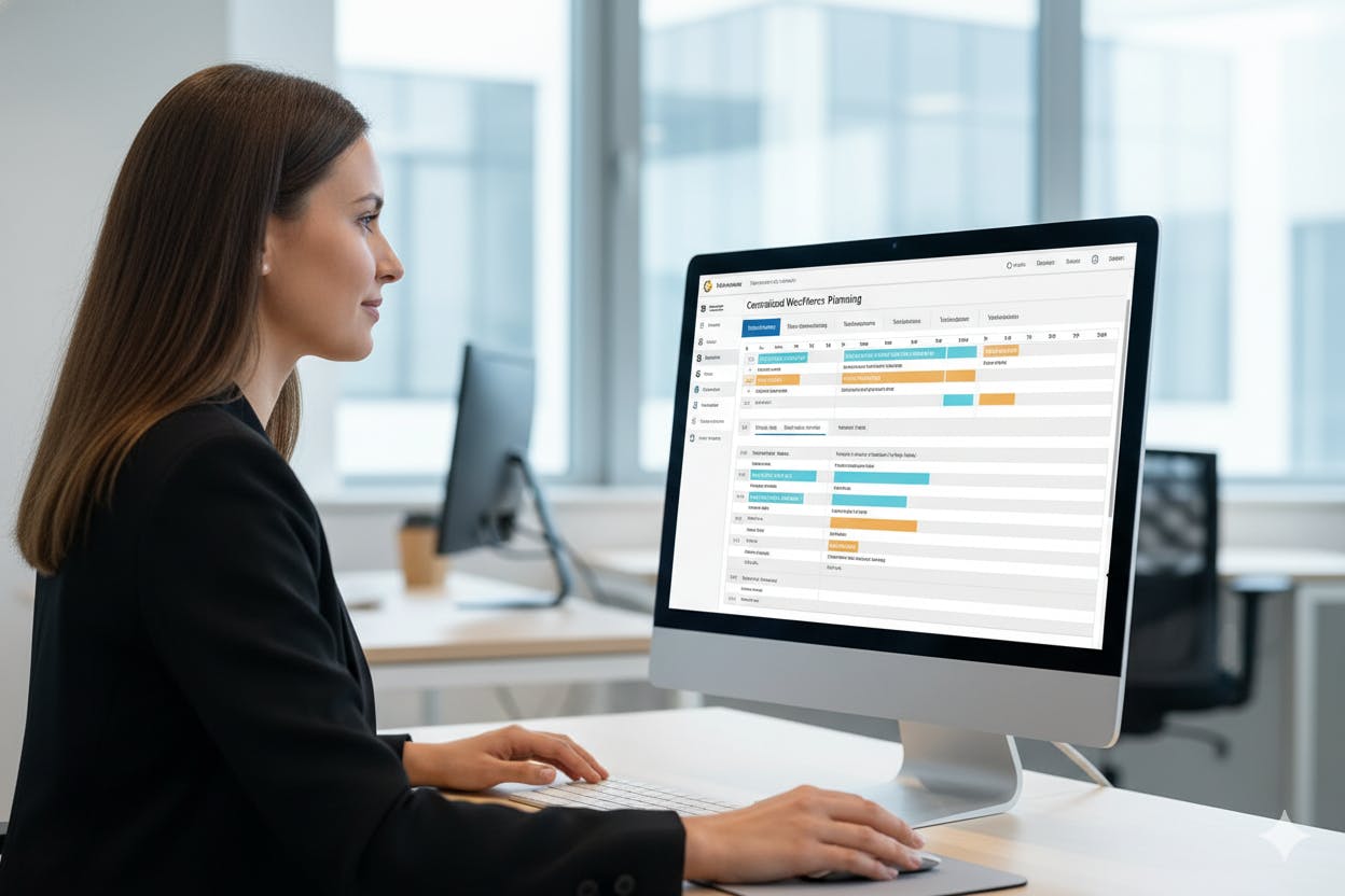 Vrouw in kantoor werkt aan computer met digitaal planbord voor gecentraliseerde personeelsplanning.