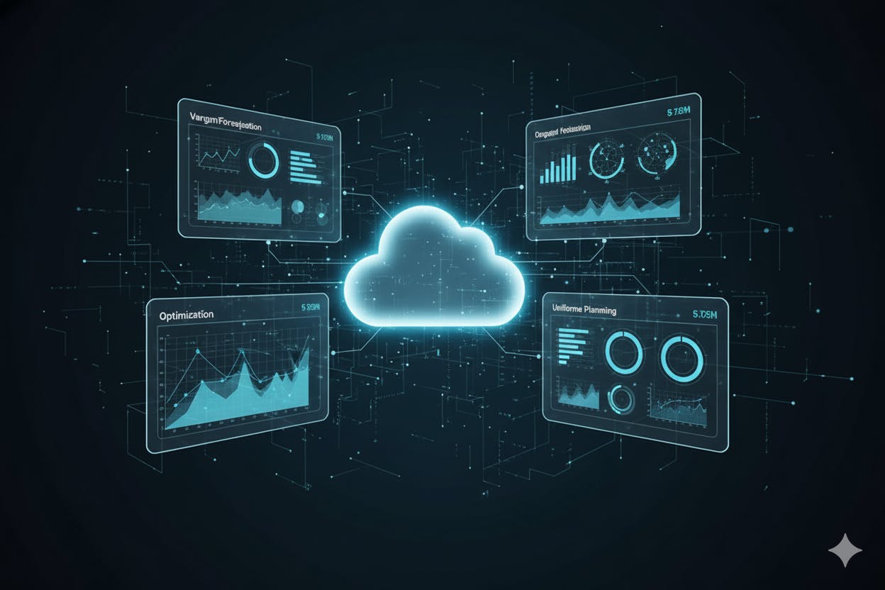 Abstracte visualisatie van cloud computing, AI en datacenters met dashboards.