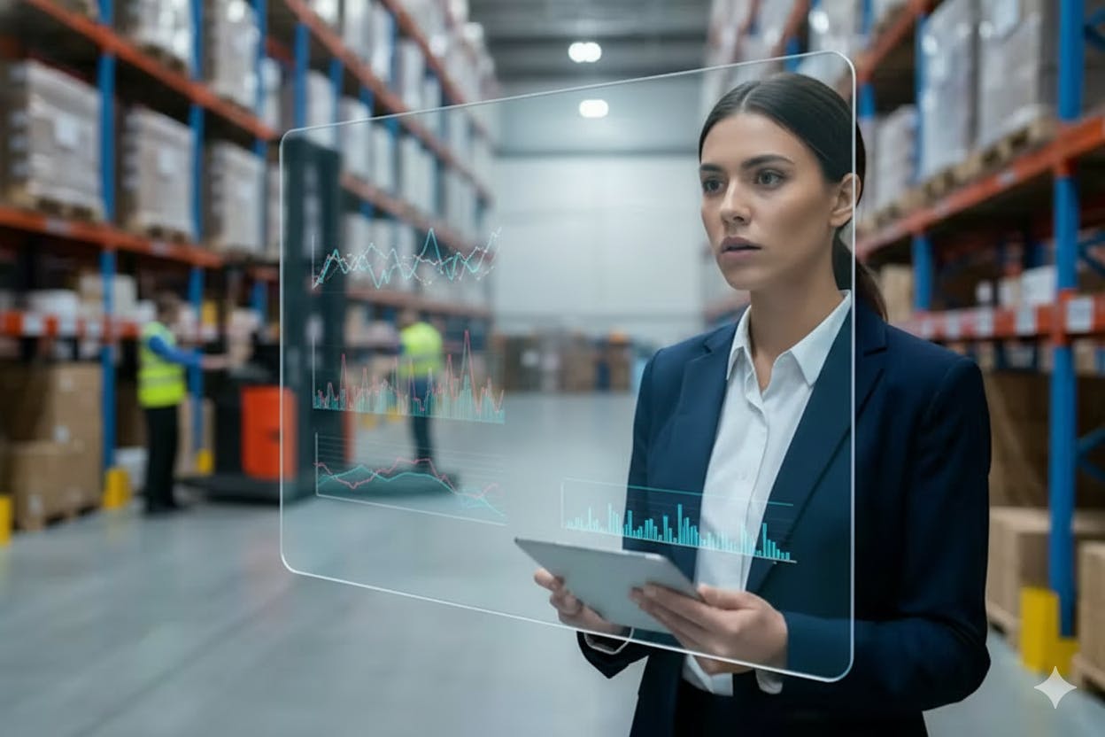 Vrouw bekijkt in warehouse op een virtueel dashboard de wijzigende vraag