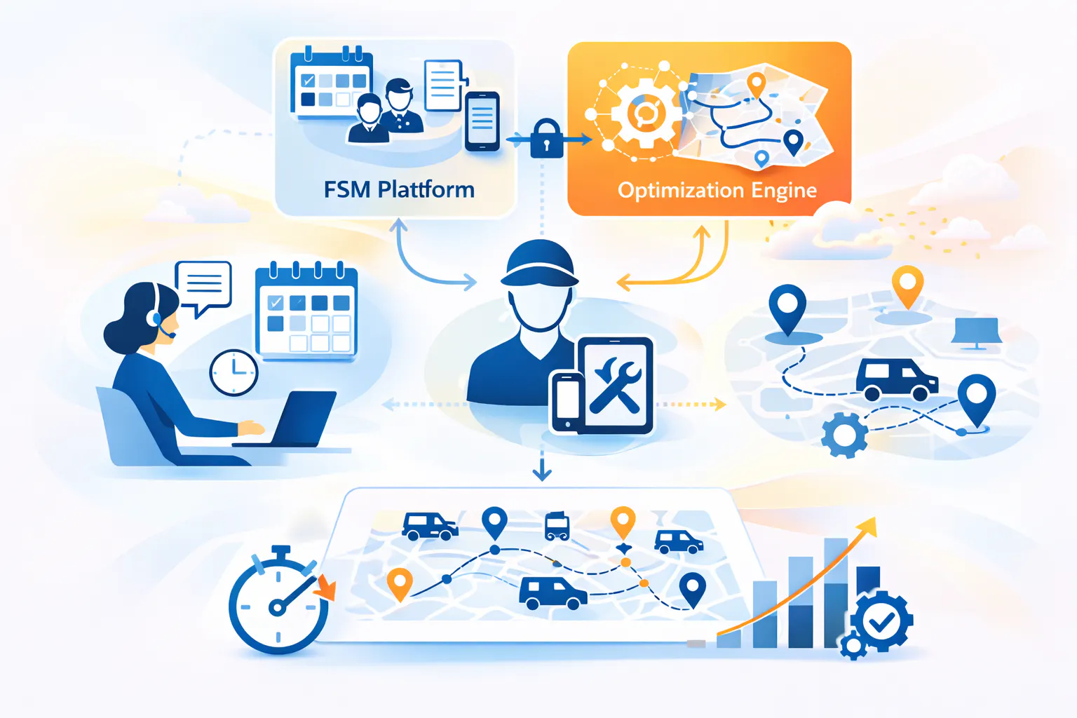 Field service scheduling optimization diagram connecting FSM platform, technicians and routing engine