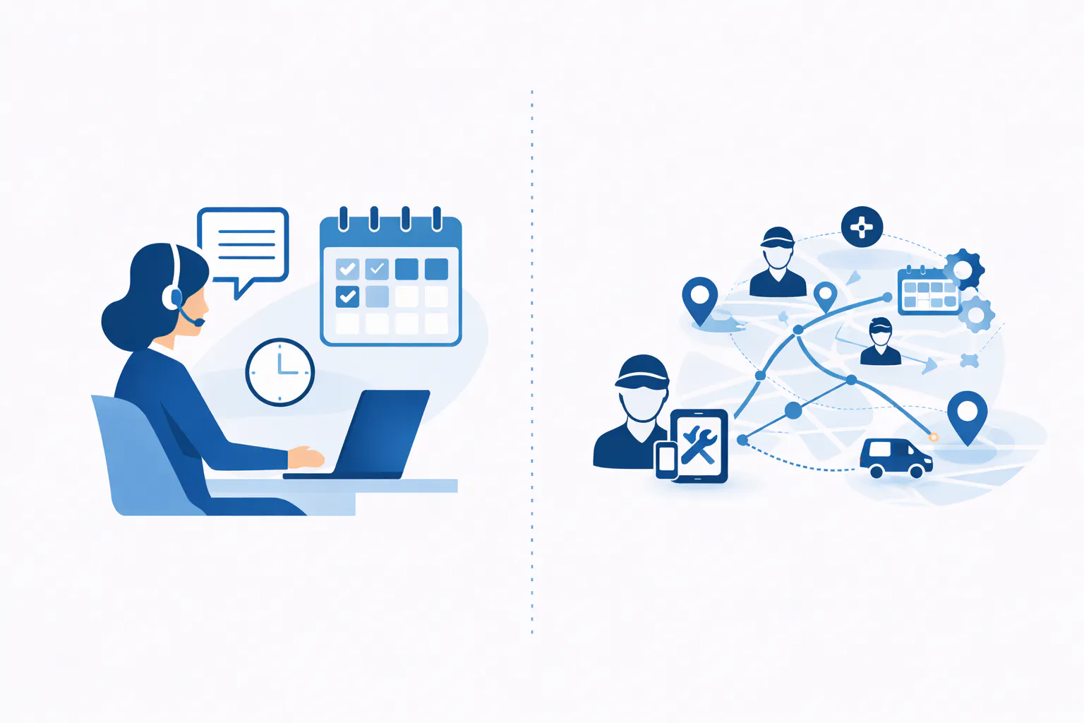 Diagram showing two key stages in field service scheduling: appointment booking and daily routing optimization.