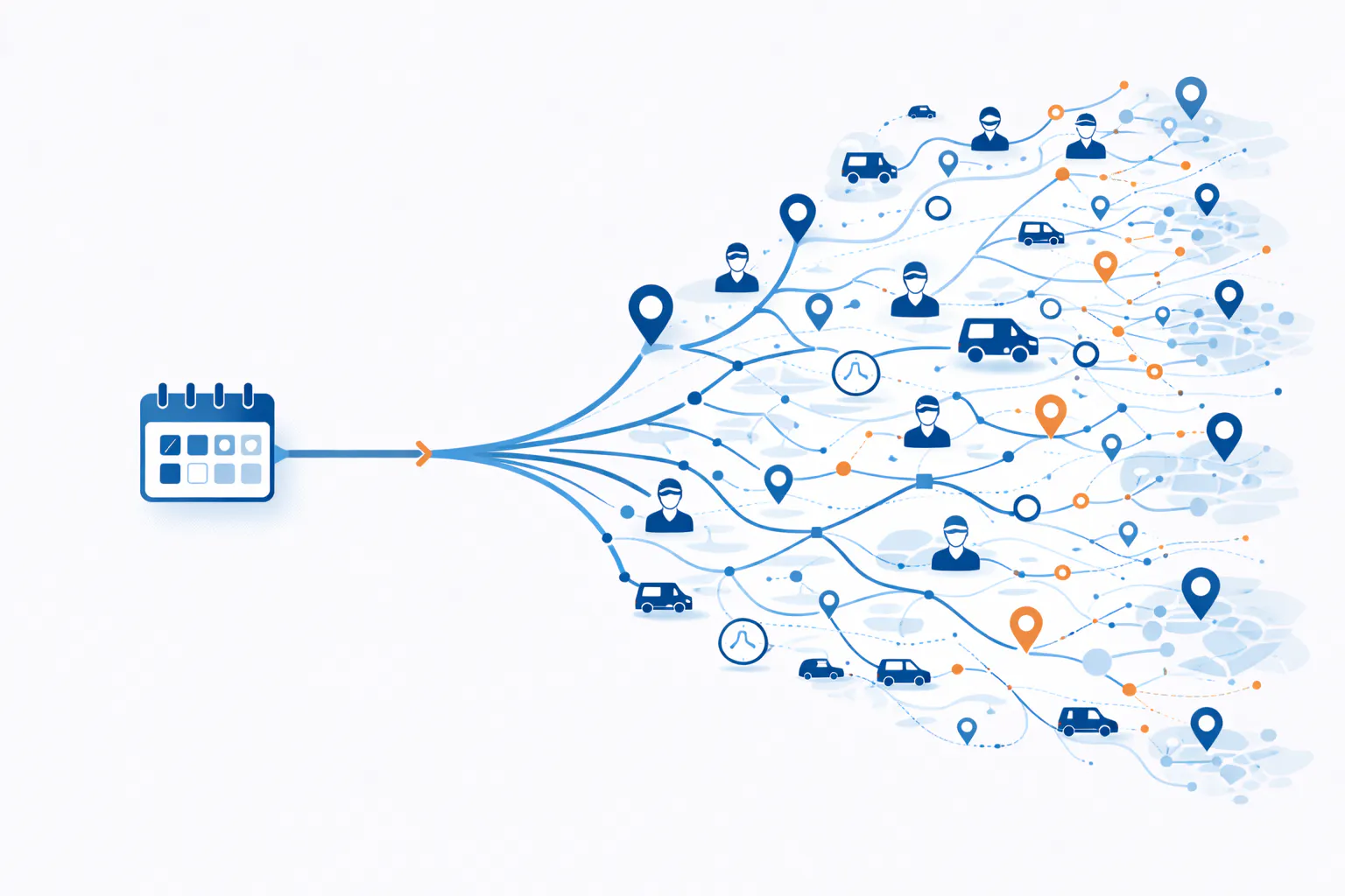 Visualization of combinatorial complexity in field service scheduling with multiple alternative technician routes and service assignments.