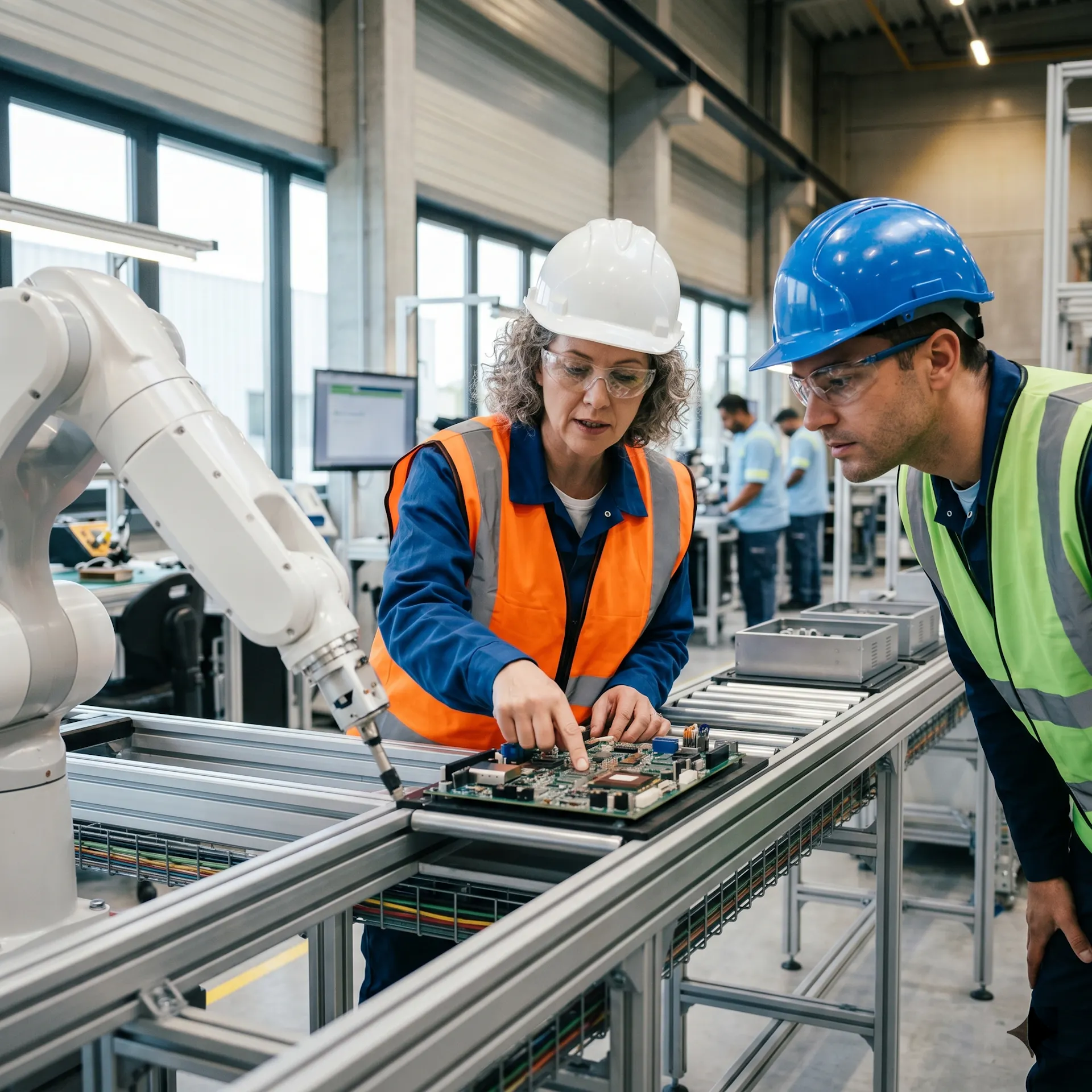 an experienced factory worker, a woman in her 50s, guiding a younger male colleague at a manufacturing workstation.