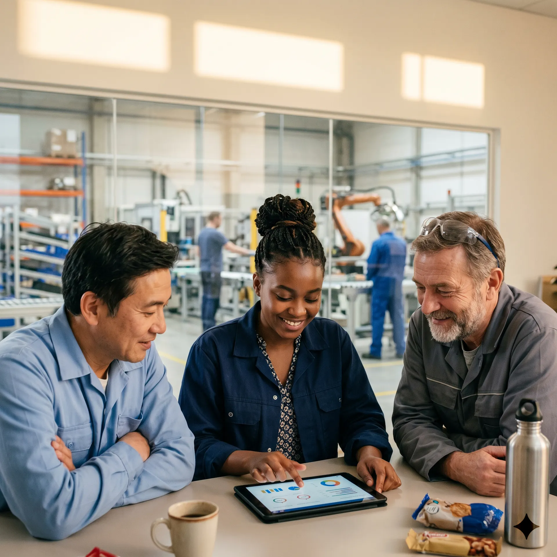 a small group of three manufacturing workers — diverse in age and background