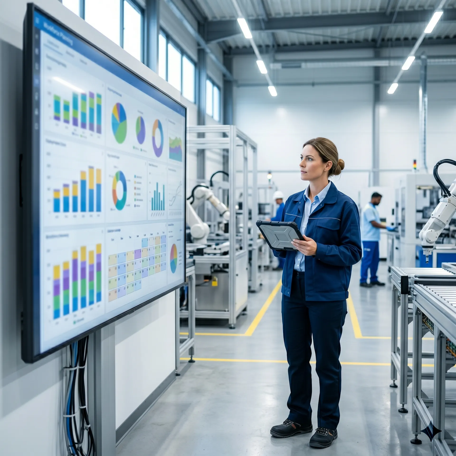 A production manager standing in a modern factory, looking at a large high-resolution screen mounted on the wall.