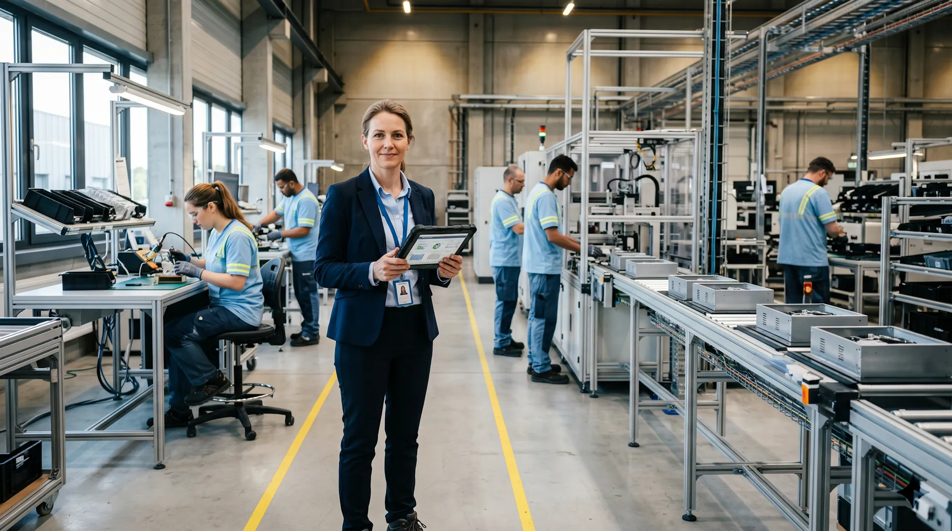 Photorealistic wide-angle shot of a modern manufacturing facility in Belgium or the Netherlands