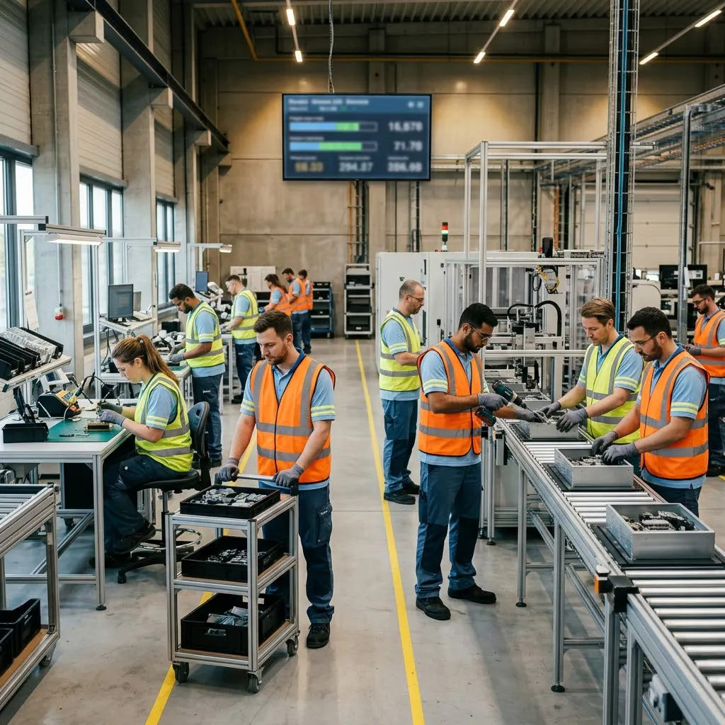 Photorealistic image of a busy manufacturing production line during a peak period.