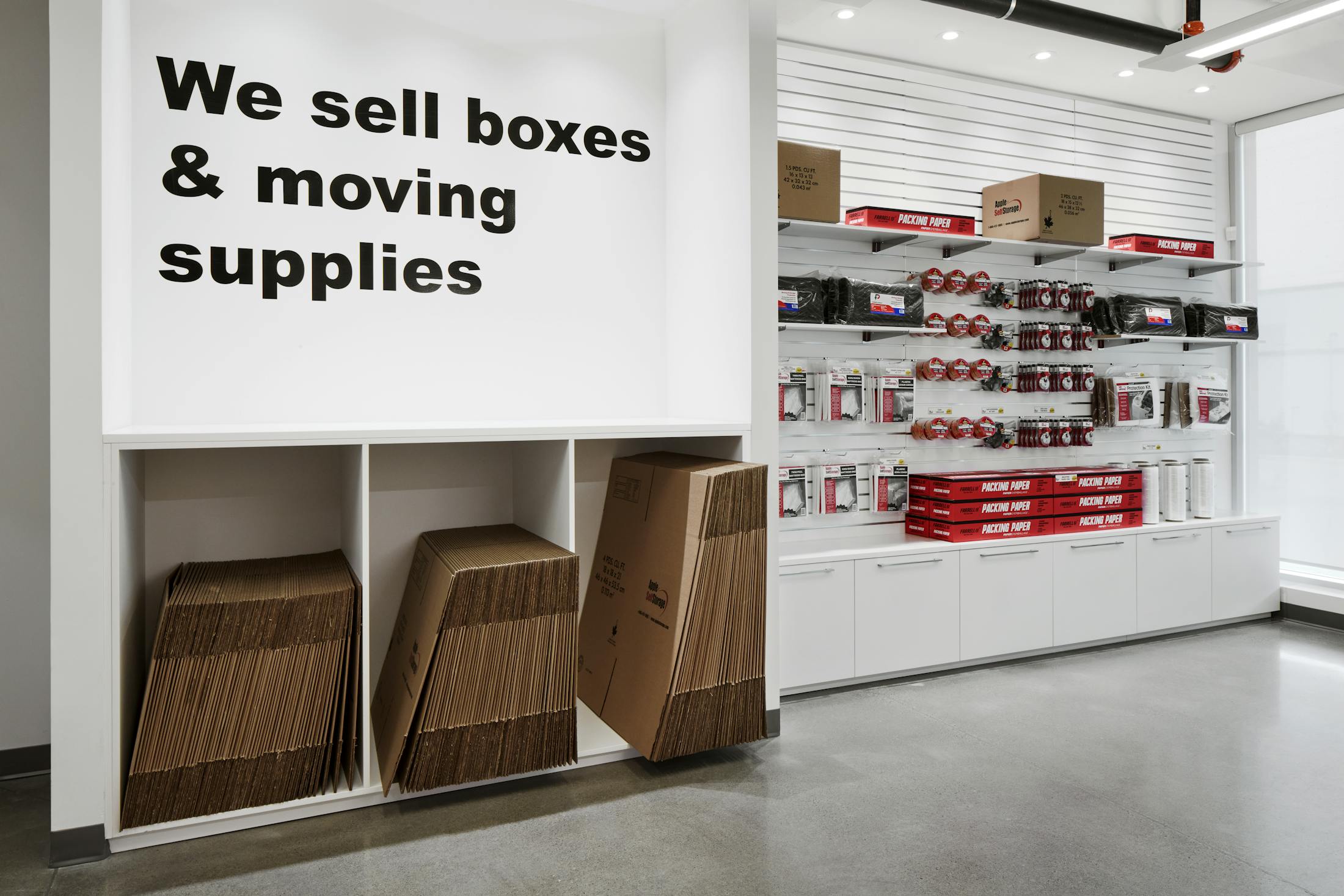 Boxes and moving supplies available for purchase.