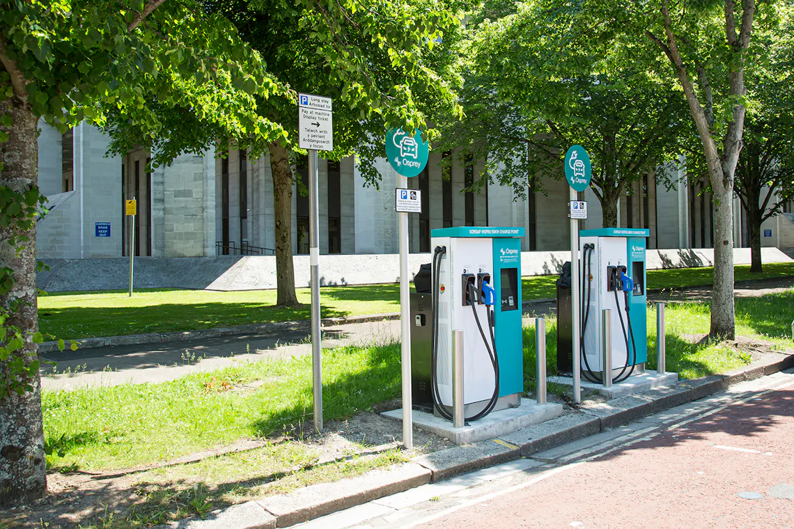 Two Cardiff Council branded 50kW Osprey EV charging stations