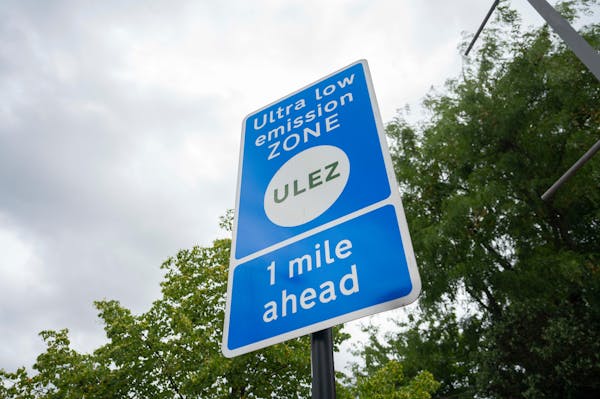 The Ultra Low Emission Zone (ULEZ) sign on Uxbridge Road in London. 