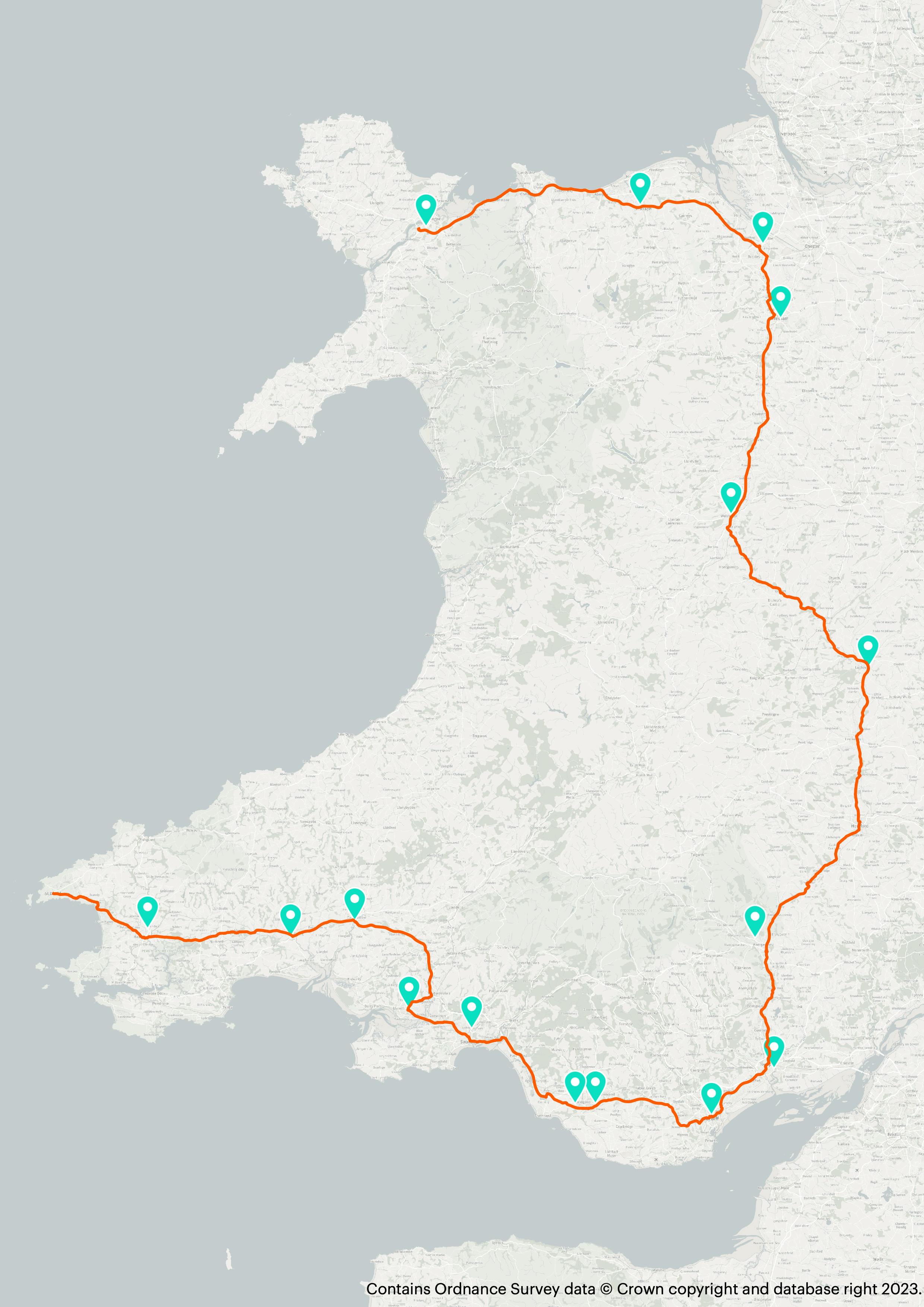 A map showing the journey from Bangor to St Davids along the England-Wales border with Osprey charging stations located along the way