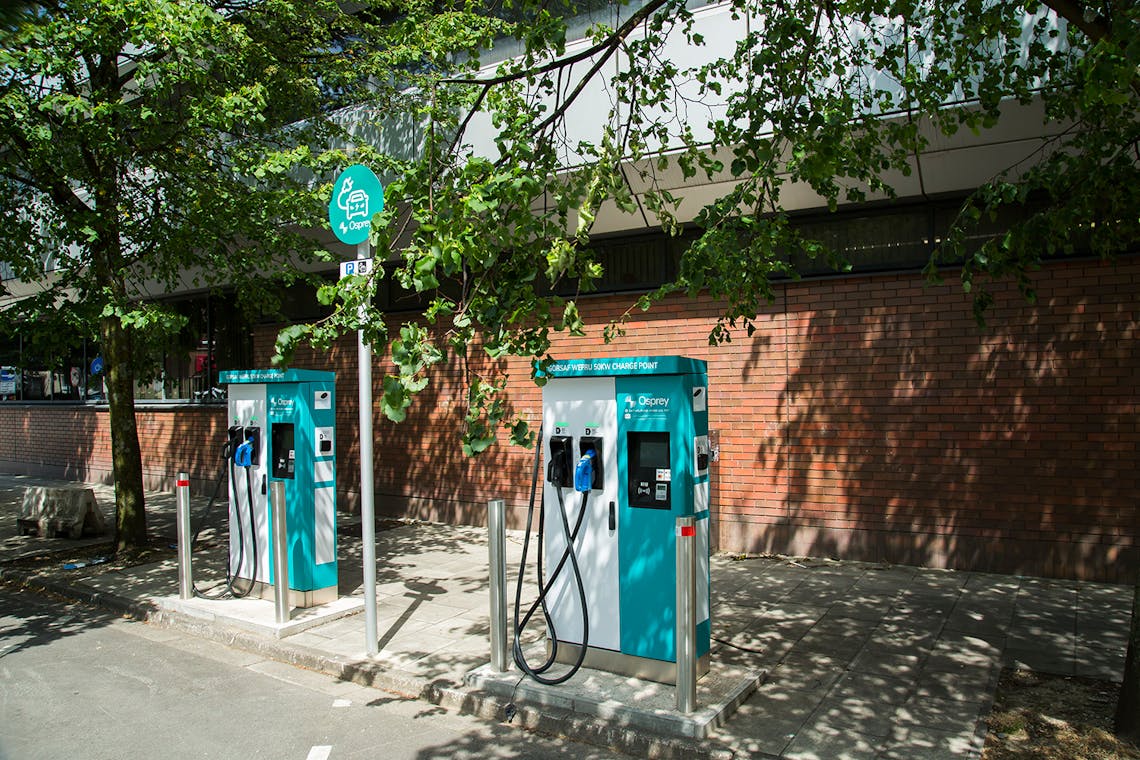 Two Cardiff Council branded 50kW Osprey EV charging stations