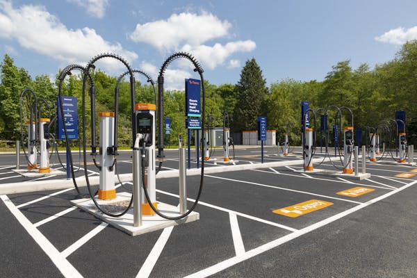 An Osprey rapid EV charging hub with 16 150kW charging stations and an accessible bay design.