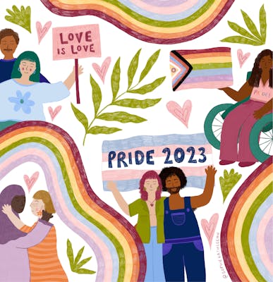 Illustration representing queer identity and pride with people, flags and rainbows
