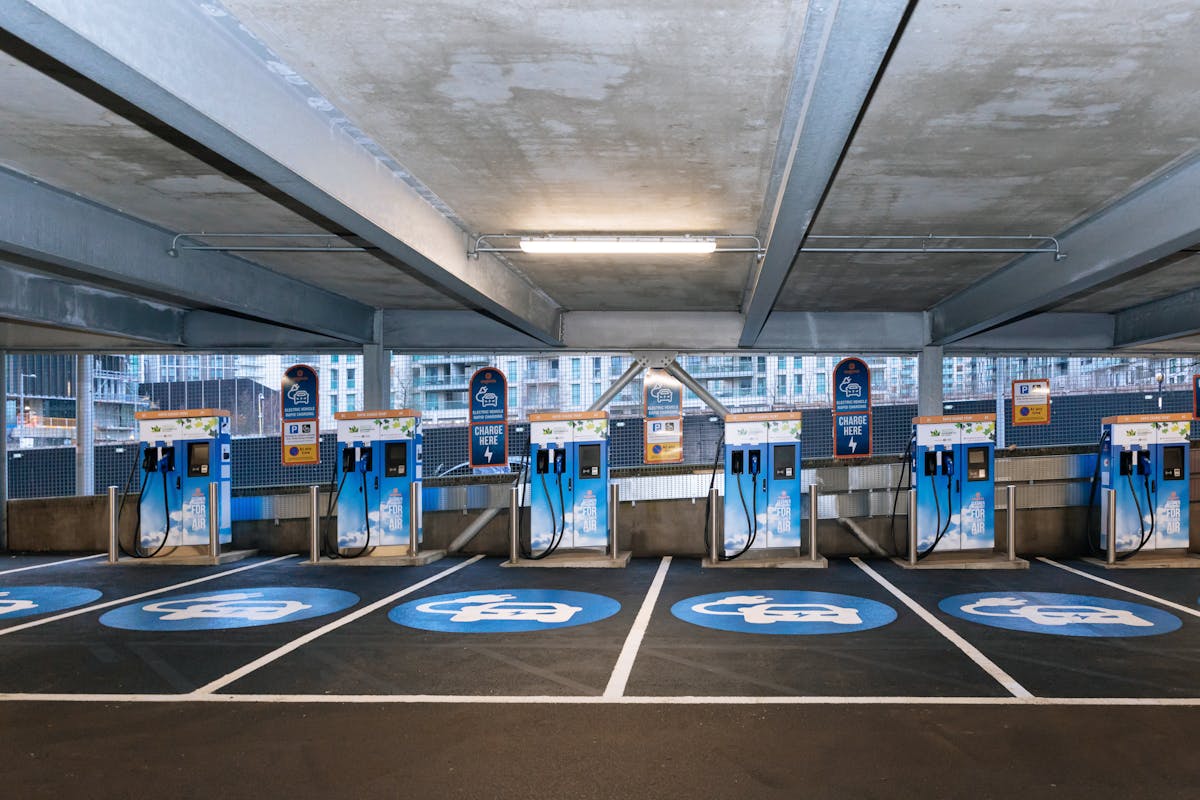 An EV charging hub with six 50kW rapid chagers