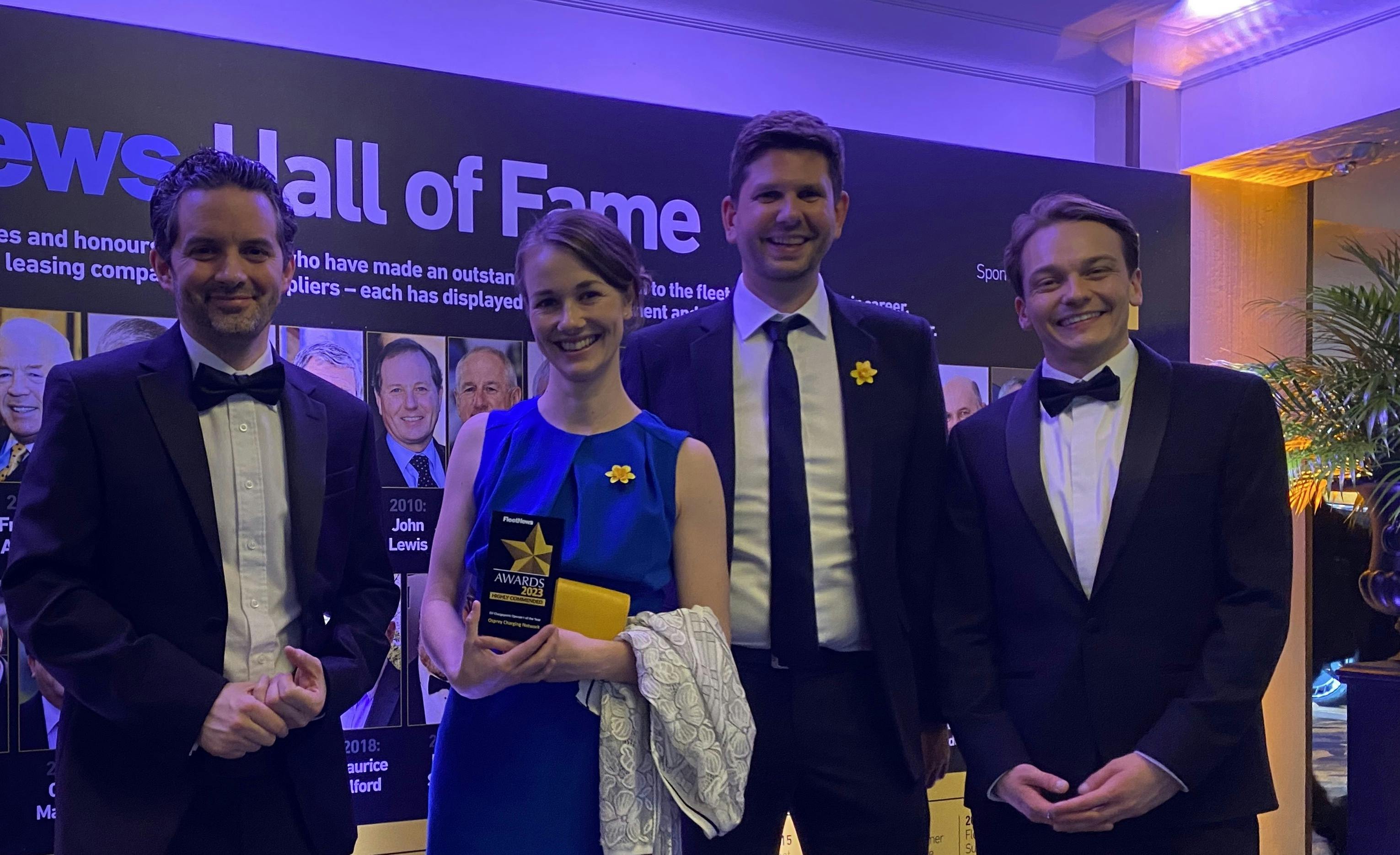 CEO, Ian Johnston, Head of Marketing Dora Clarke, Head of Product, Nicolas Mouazan and Commercial Strategy Lead, Harry Bleasdale pose with an award.