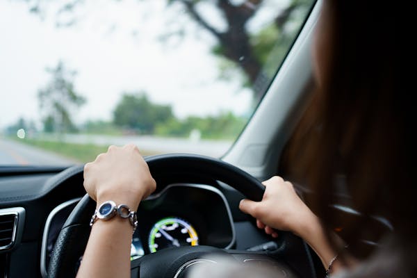 An over the shoulder view of hands on a steering wheel and trees through the car windscreen.