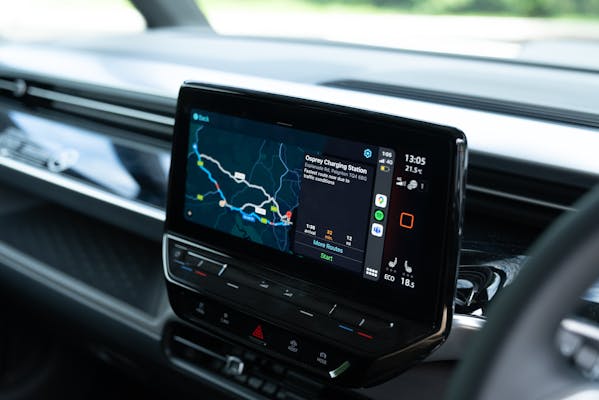 Car system navigation showing a route to the nearest Osprey EV charging station. 