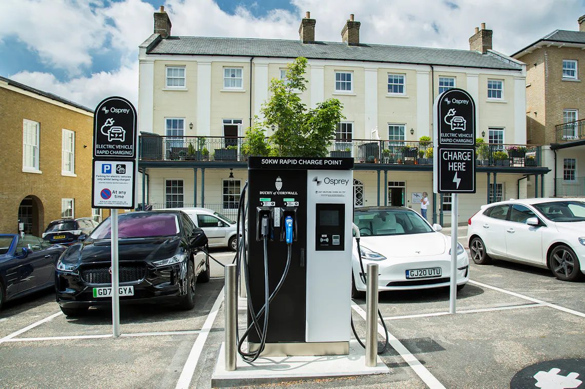 A 50kW Osprey EV charging station in Duchy of Cornwall branding