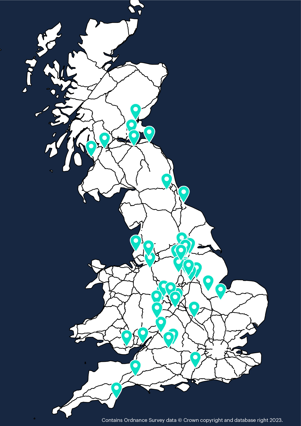 Map of Great Britain showing upgraded Osprey charging sites