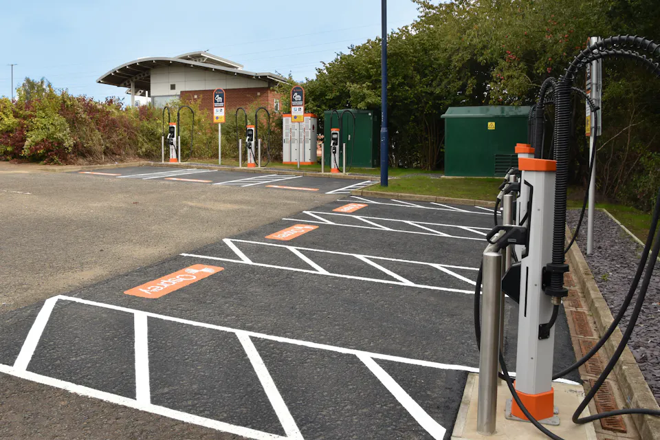 A rapid charging hub featuring six 150kW charge points in an accessible site design