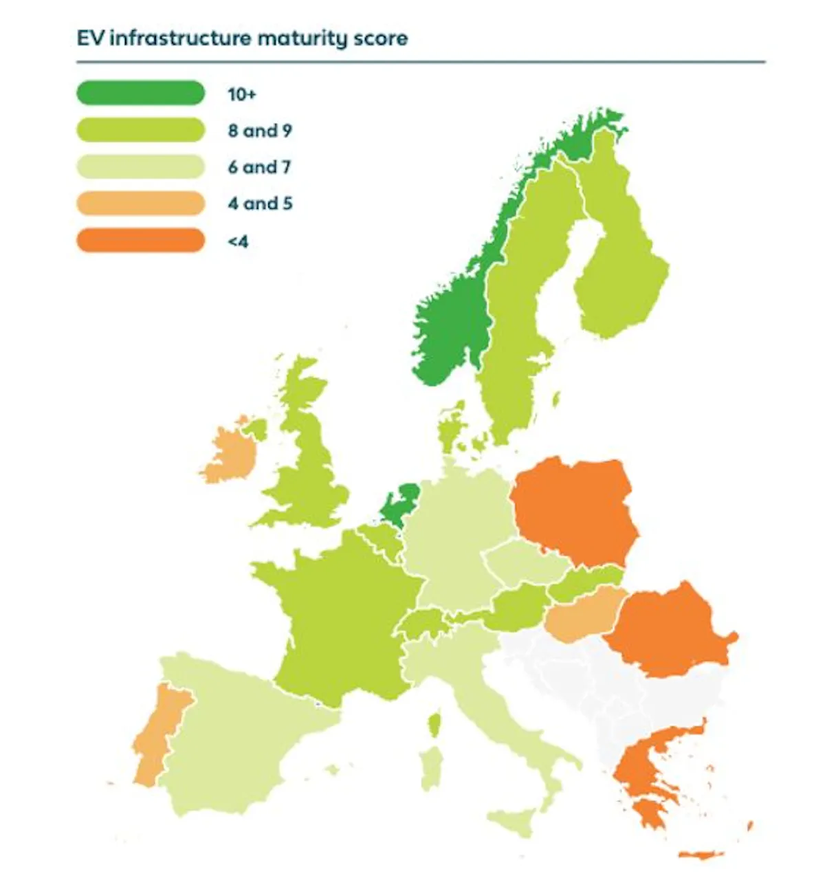 A map of Europe showing the EV infrastructure maturity score in different countries