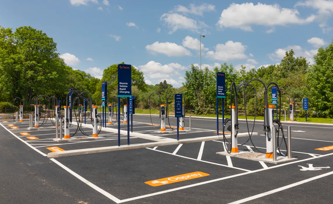An Osprey rapid EV charging hub with 16 150kW charging stations and an accessible bay design.