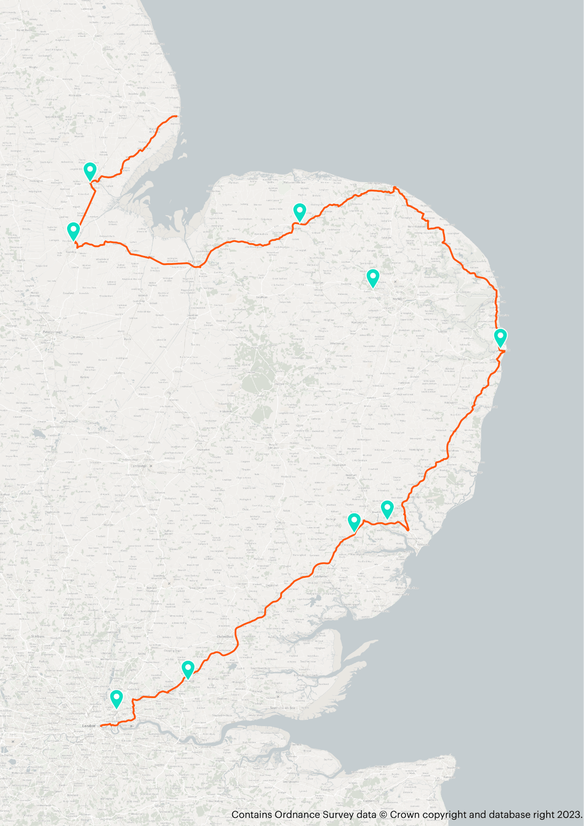 A map showing the journey from London to Skegness along the coast with Osprey charging stations located along the way
