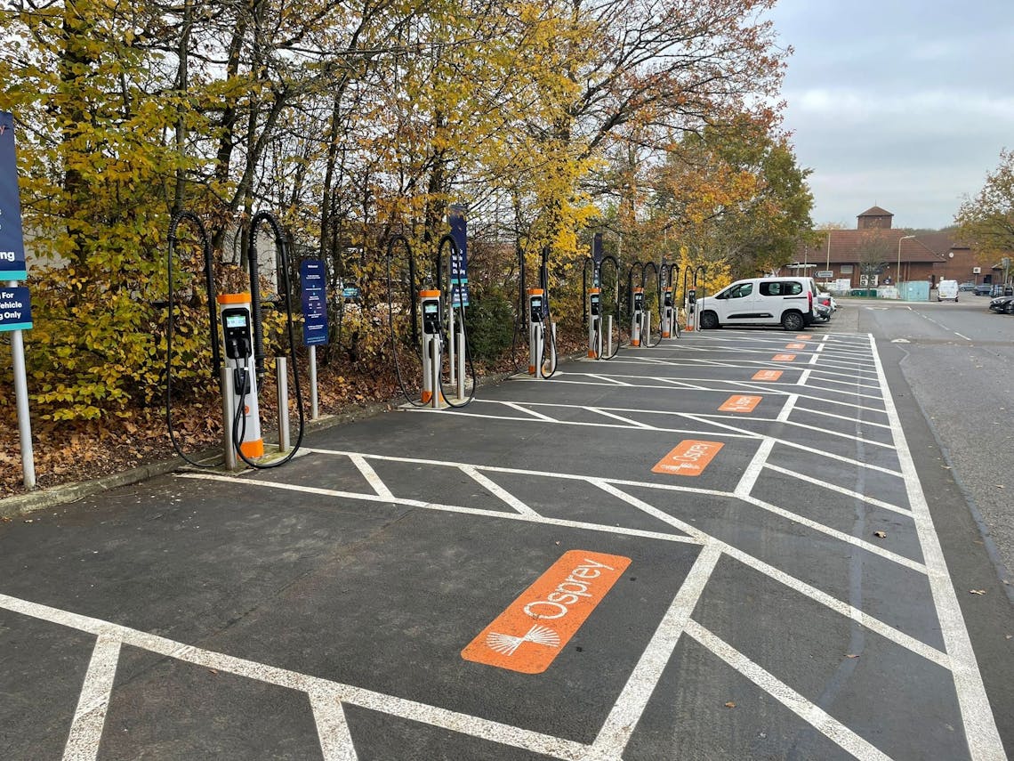 Six 300 kW Osprey charging stations in a Tesco car park