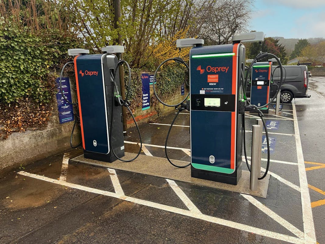 Four Osprey rapid chargepoints located at Three Horseshoes Walk, Warminster