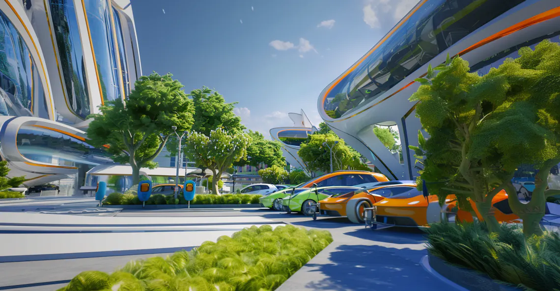 An AI generated image of a young child's description of the future. The image features futuristic architecture, electric cars and chargers and lots of trees.
