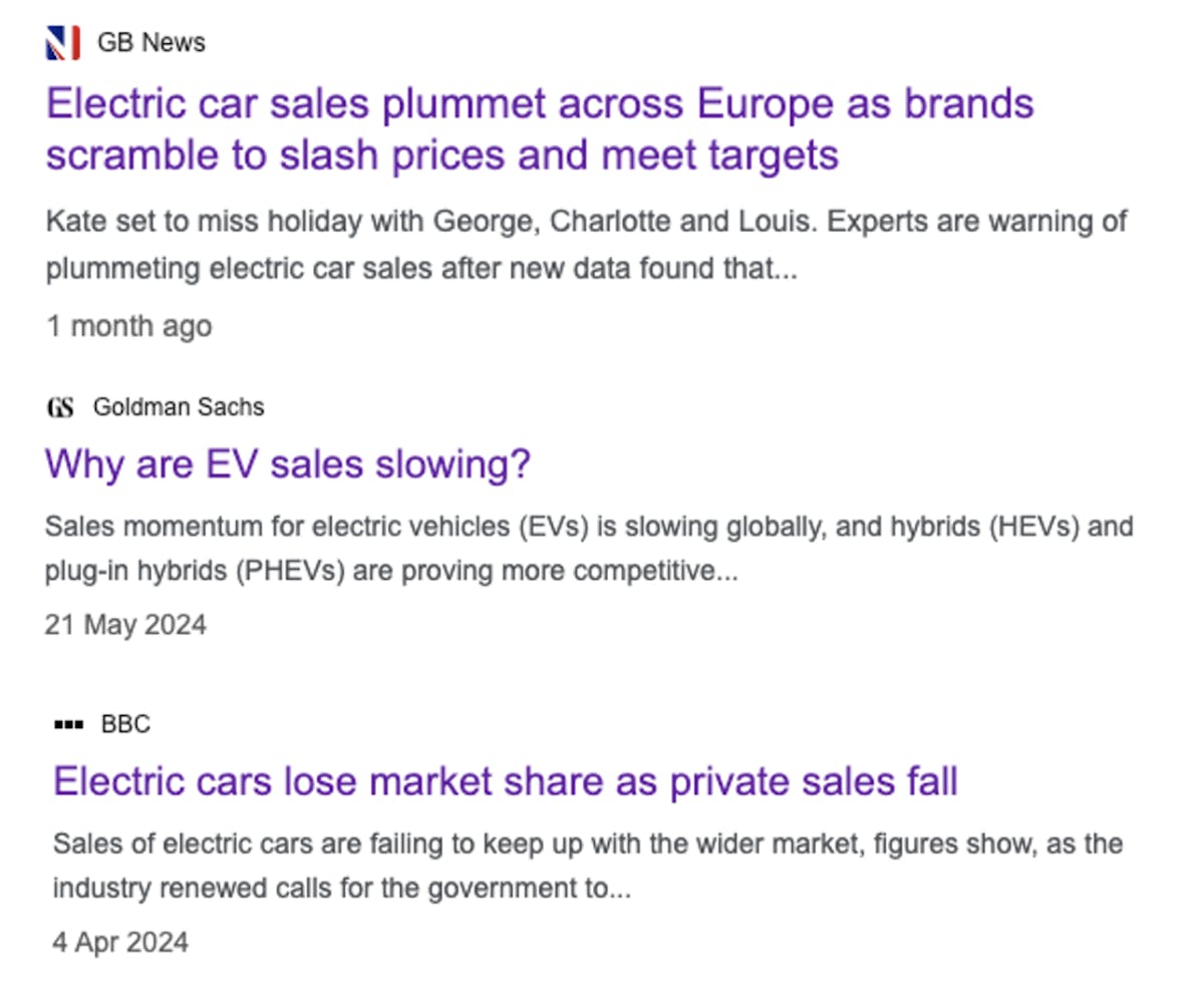 headlines suggesting that electric car sales are plummeting