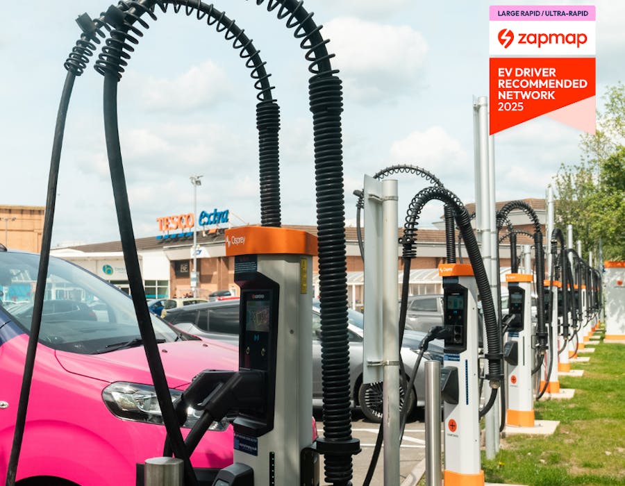 Osprey Charging Network site with badge indicating it is a top 3 ZapMap Driver Recommended Network for 2025