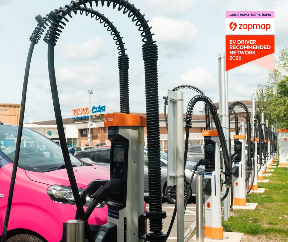 Osprey Charging Network site with badge indicating it is a top 3 ZapMap Driver Recommended Network for 2025