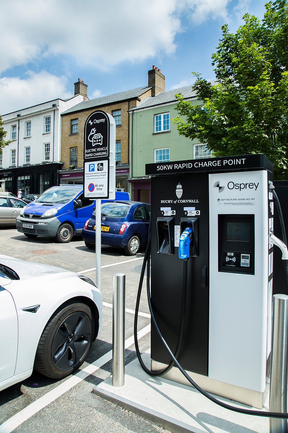 A 50kW Osprey EV charging station in Duchy of Cornwall branding