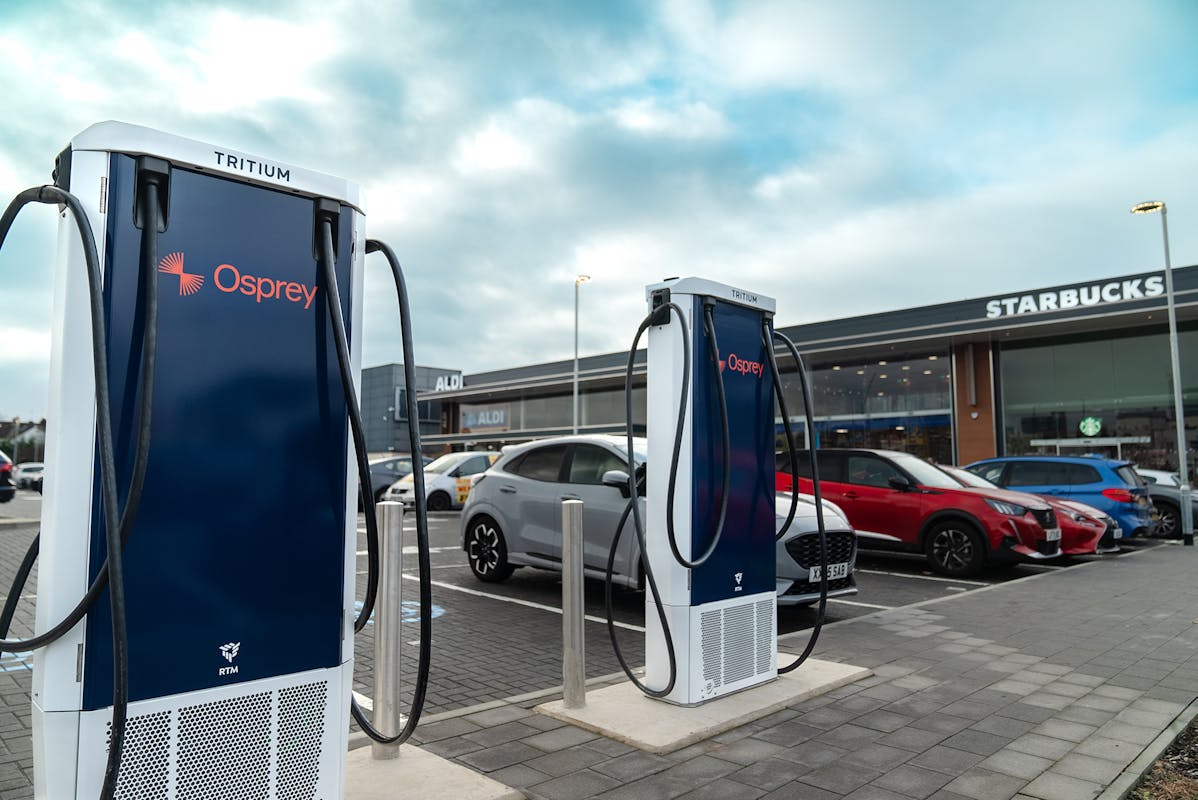 Two 75kW Osprey charging points next to Starbucks and Aldi