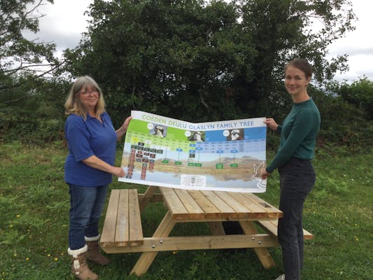Two women holding a large printed diagram of the Glaslyn osprey family tree