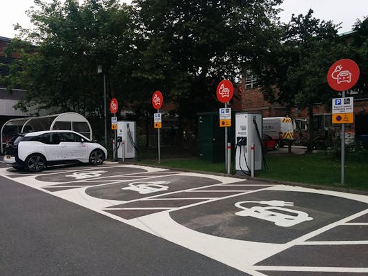 Two 50kW rapid chargers in a supermarket car park