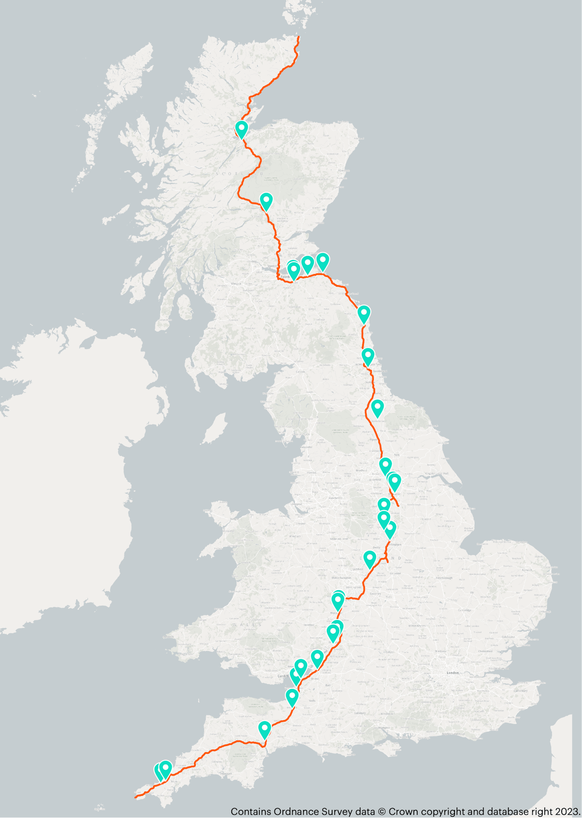 A map showing the journey from John O'Groats to Lands End with Osprey charging stations located along the way