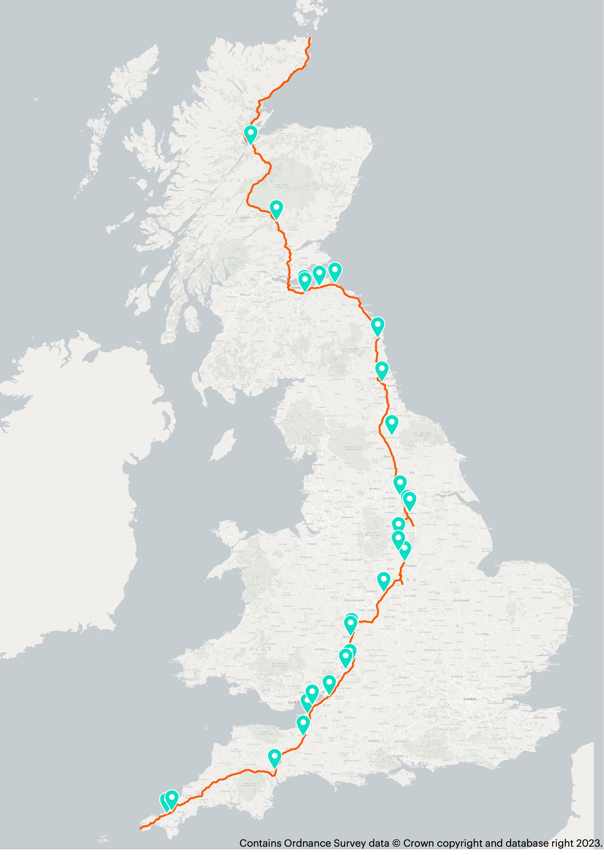 A map showing the journey from John O'Groats to Lands End with Osprey charging stations located along the way