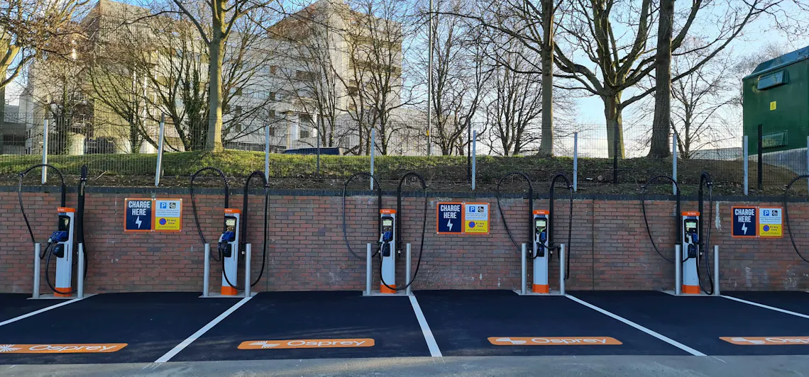 An Osprey EV charging hub with 5 150kW rapid charge points