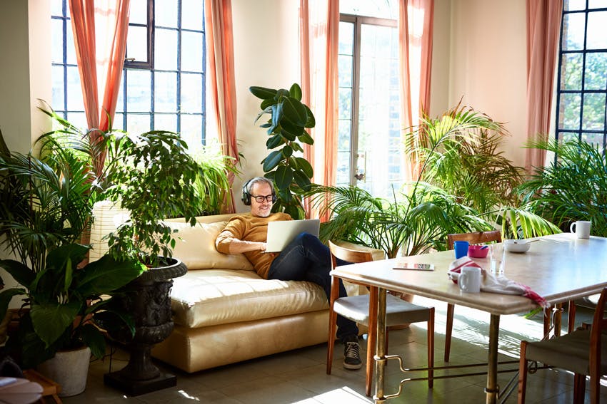 Mężczyzna siedzący w pokoju pełnym roślin