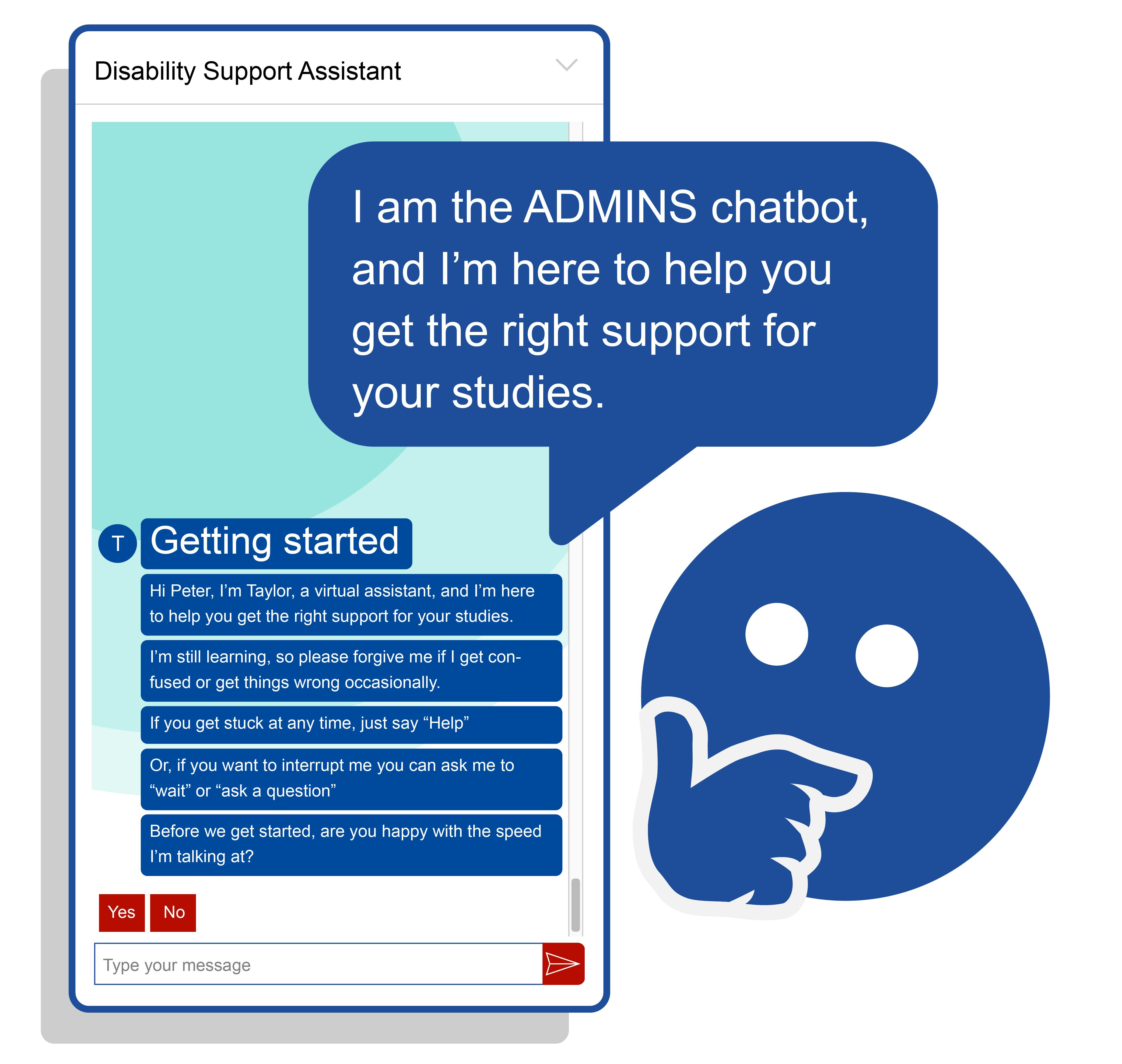 An introductory conversation of the ADMINS chatbot. 