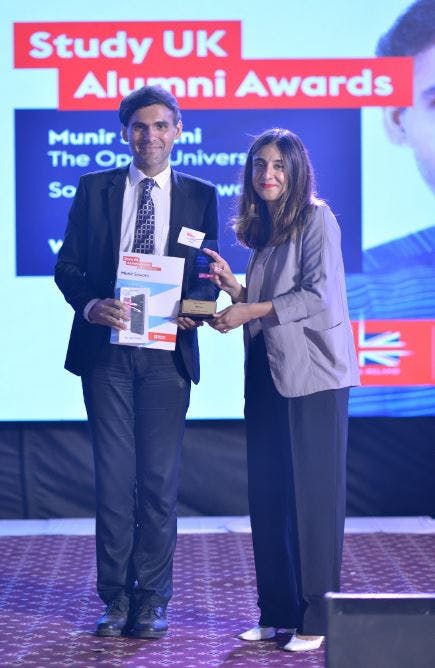 Dr Sewani photographed receiving The British Council’s UK Alumni Award for Pakistan in the Social Action Category.