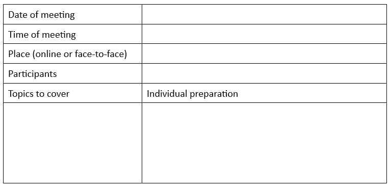 Example study group planner shown as a table with 2 columns and rows for date of meeting, time of meeting, place (online or face-to-face), participants, topics to cover with a column to add individual preparation.