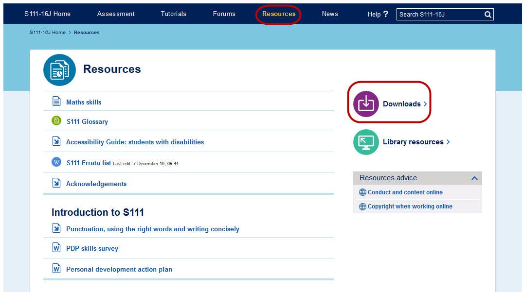 example of the Resources area on a module website with the link to the Downloads area circled.