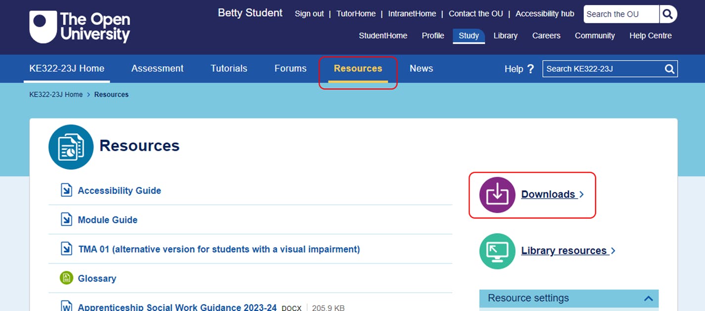 Example module website showing Resources tab and location of Downloads section